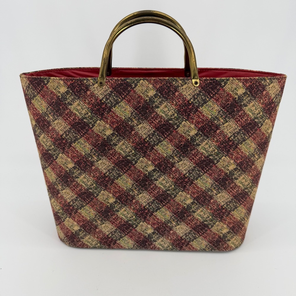 Vtg Mid Century Tote Womens Atomic Plaid Brass Handle Handbag Purse 50s 60s